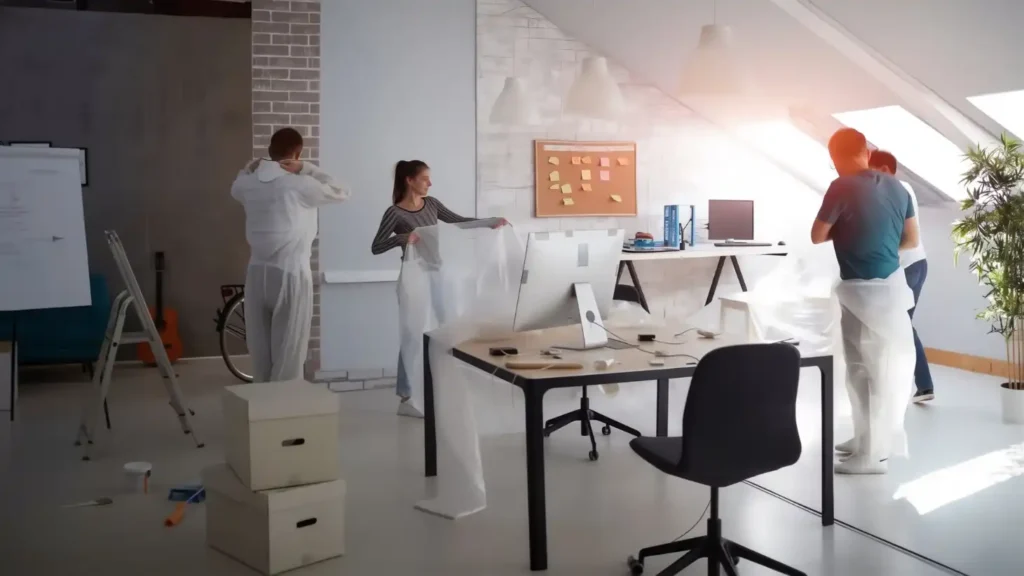 Team preparing office for renovation with protective sheets
